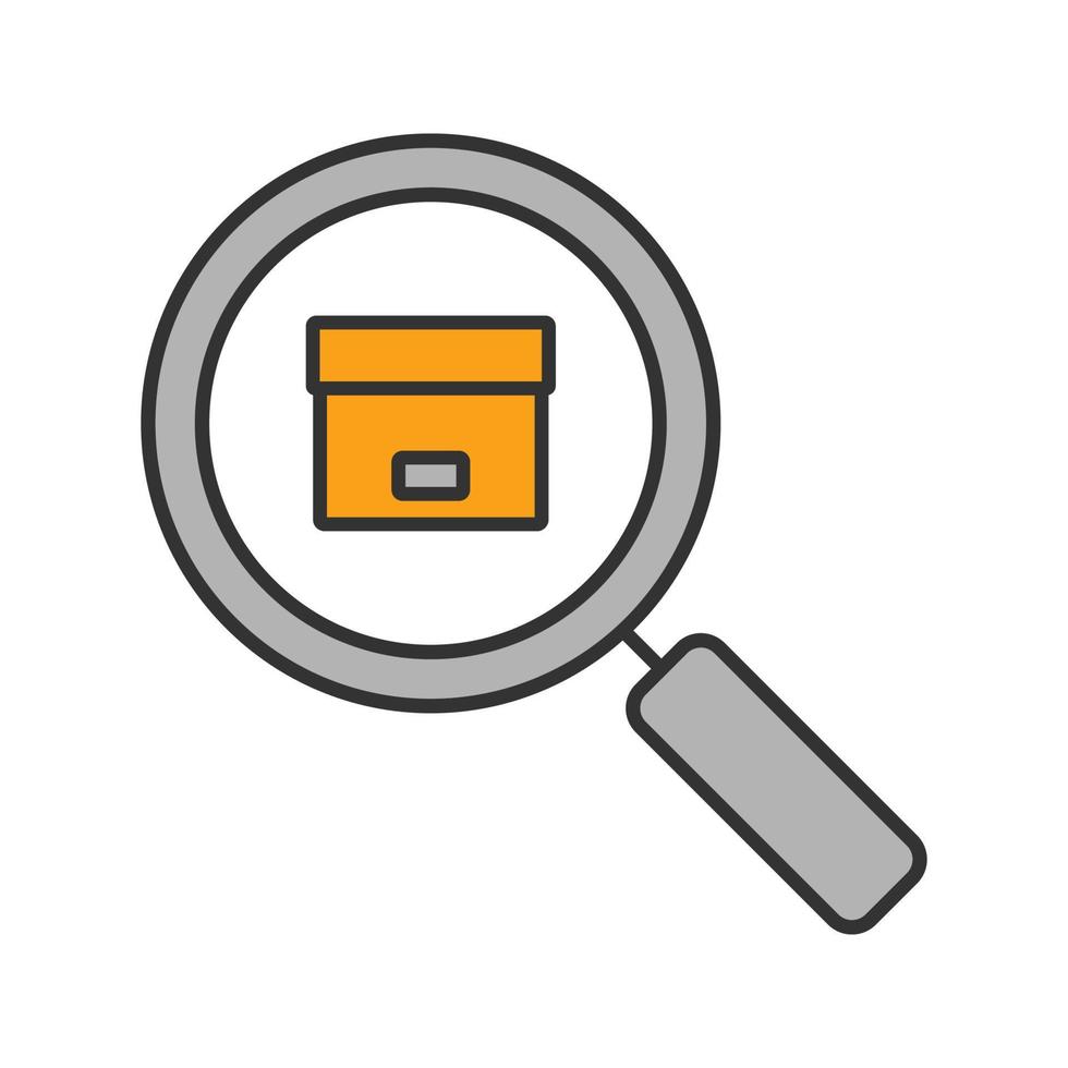 Parcel tracking service color icon. Magnifying glass with cardboard package. Isolated vector illustration