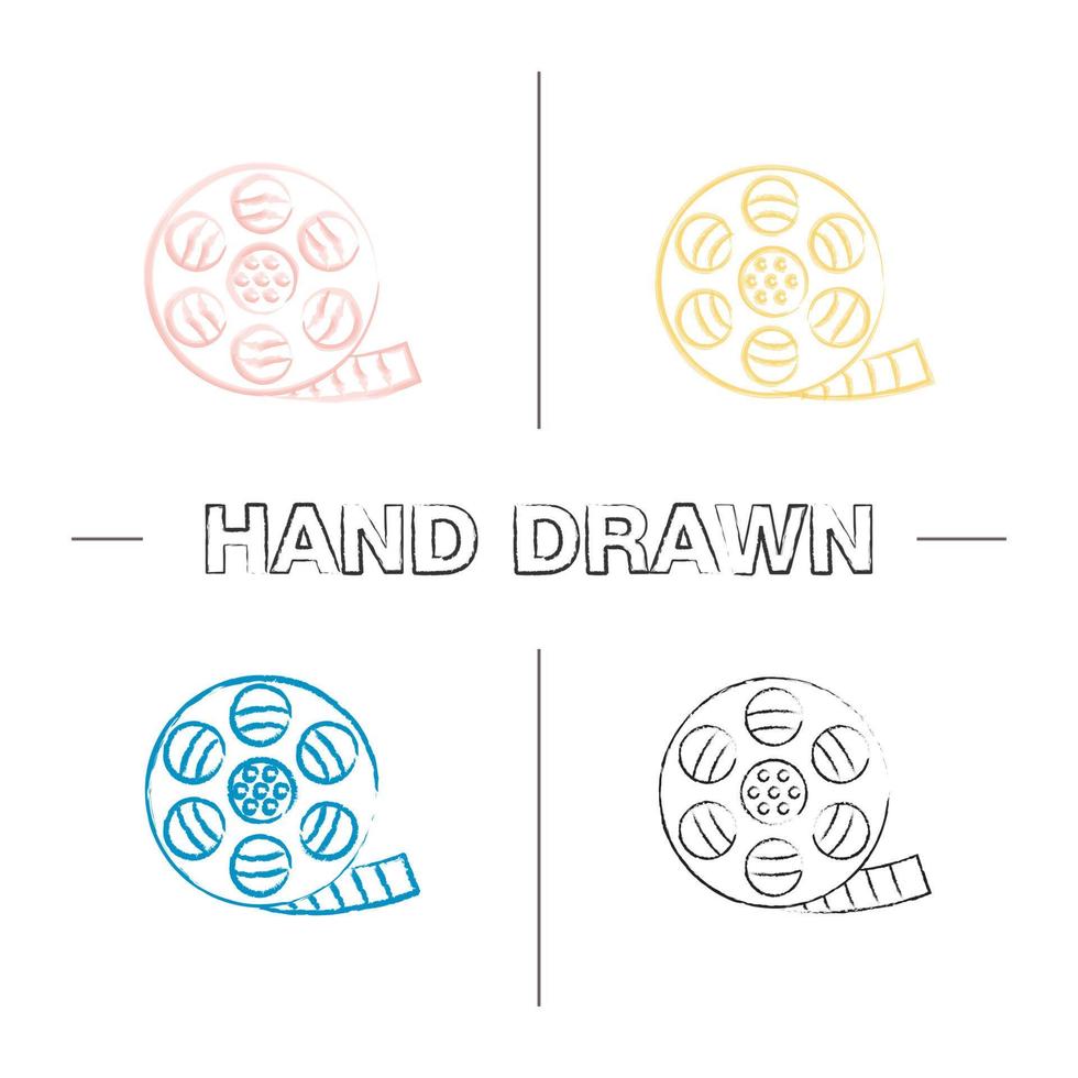 Filmstrip roll hand drawn icons set. Movie reel. Color brush stroke. Isolated vector sketchy illustrations