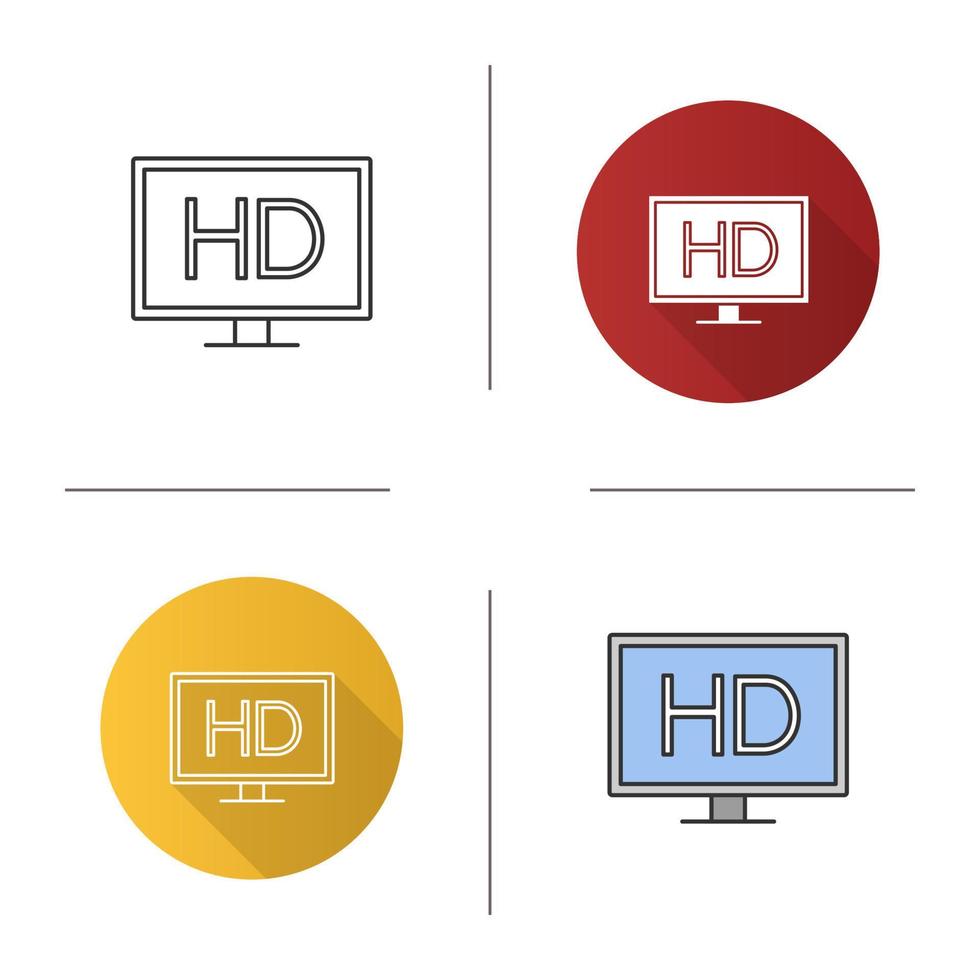 HD display icon. High definition video. Flat design, linear and color styles. Isolated vector illustrations