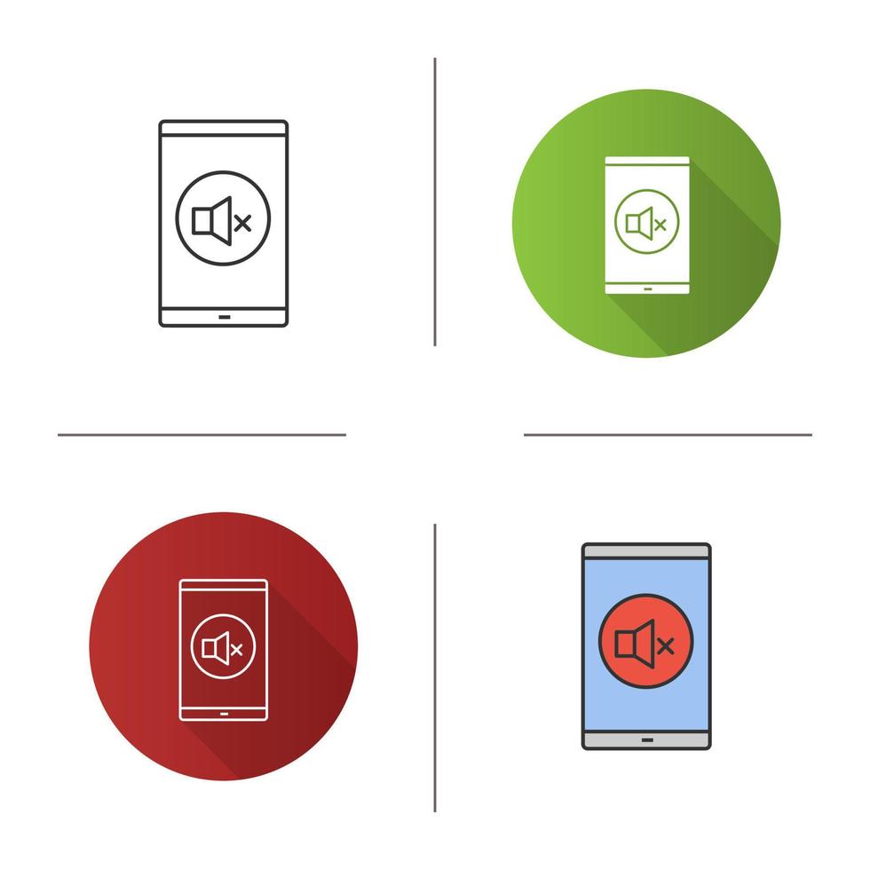 Smartphone sound turning off icon. Mute. Mobile phone sound control. Flat design, linear and color styles. Isolated vector illustrations