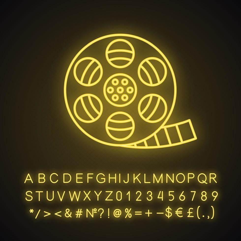 icono de luz de neón de rollo de tira de película. signo brillante con alfabeto, números y símbolos. carrete de película icono de luz de neón. ilustración vectorial aislada vector