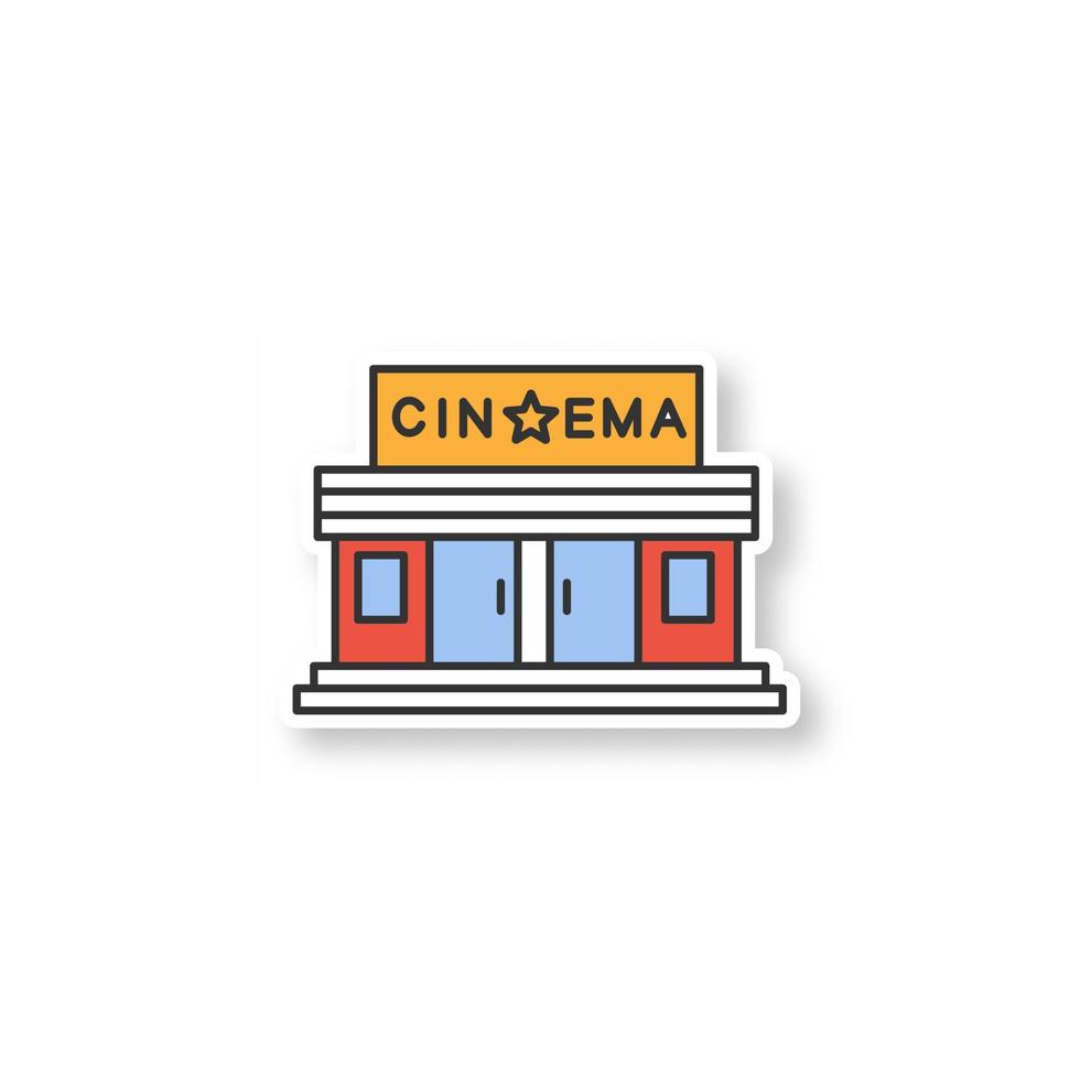 Cinema building patch. Movie theatre. Color sticker. Vector isolated illustration