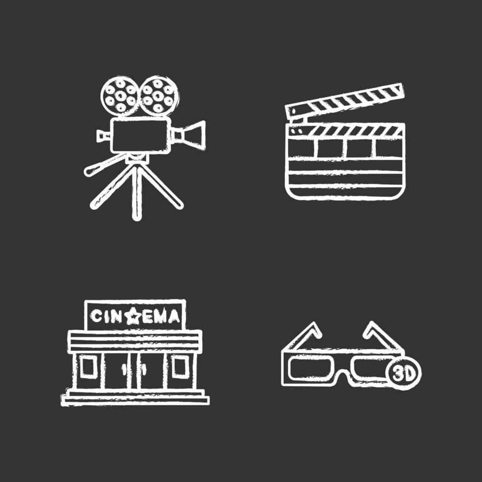 conjunto de iconos de tiza de cine. cámara de cine, edificio de cine, gafas 3d, claqueta. Ilustraciones de vector pizarra