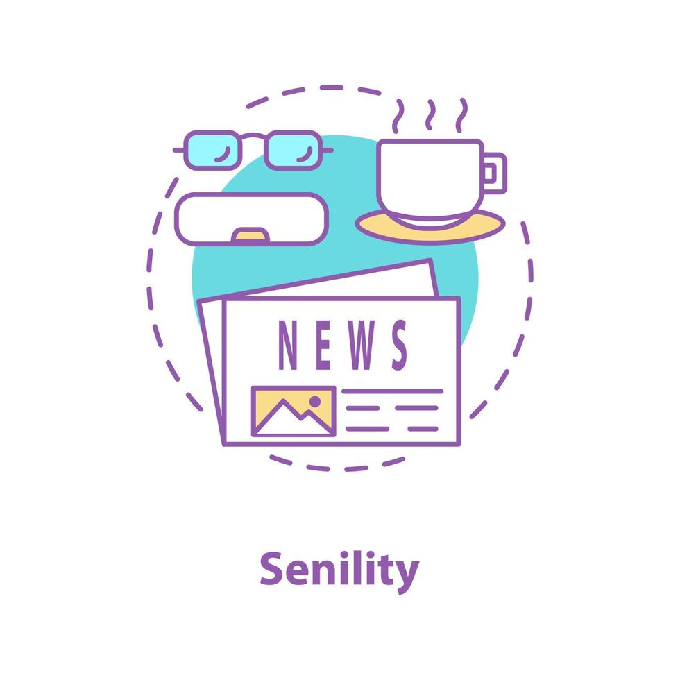 Senility concept icon. Elderly idea thin line illustration. Newspaper reading. Activities for seniors. Newspaper, hot drink, eyeglasses. Vector isolated outline drawing