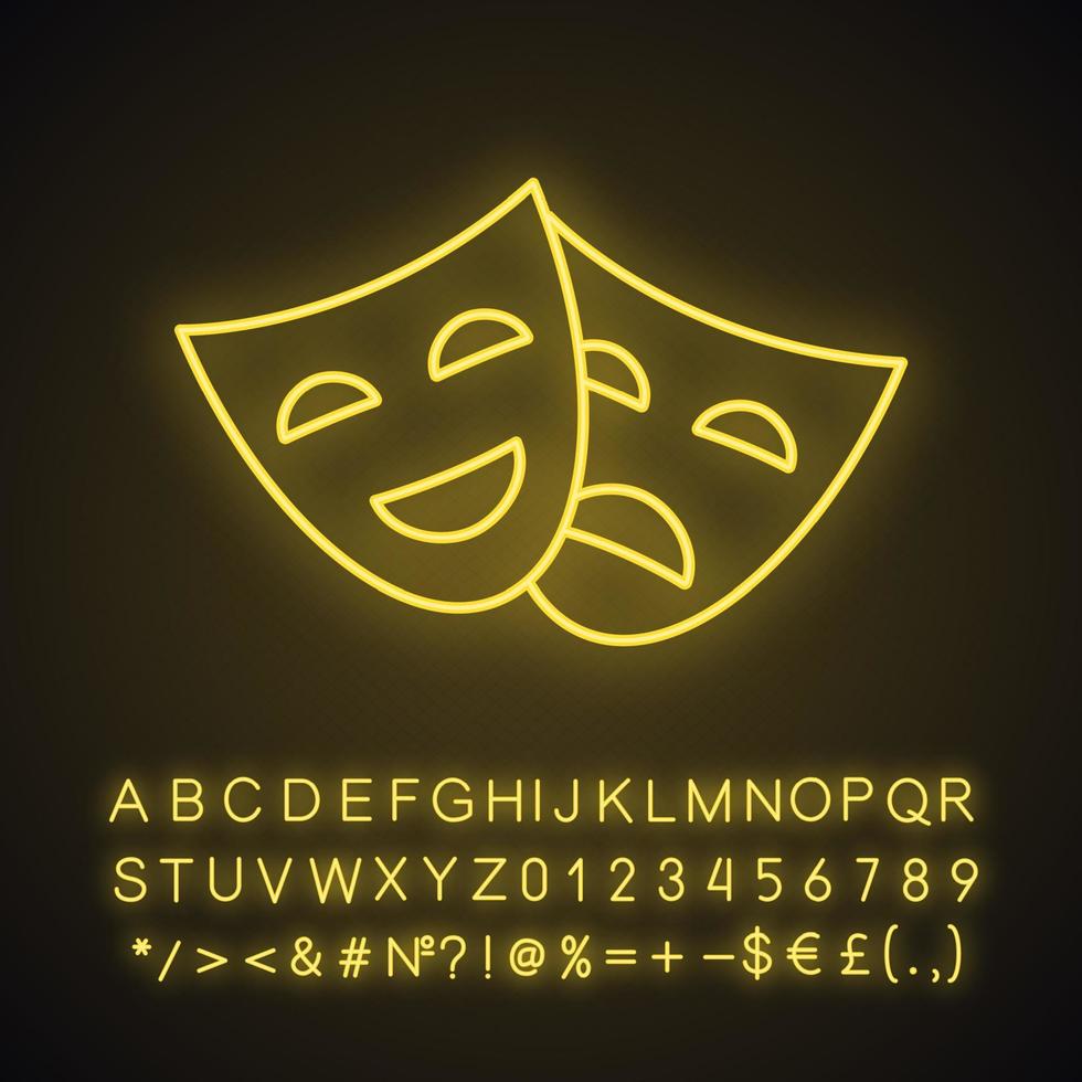 Comedy and tragedy masks neon light icon. Glowing sign with alphabet, numbers and symbols. Vector isolated illustration