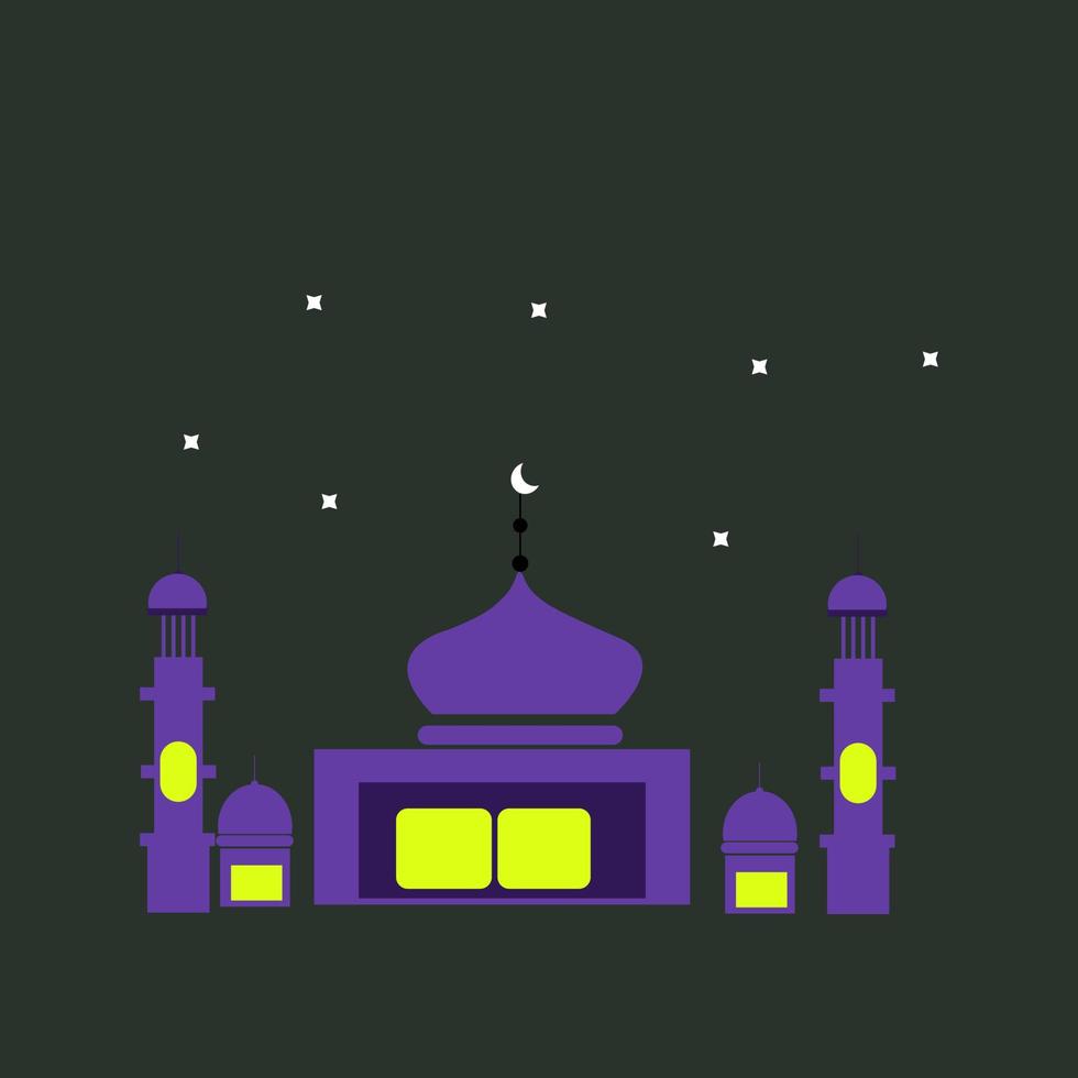 Black background with blue and yellow mosque with stars and eid al adha. vector