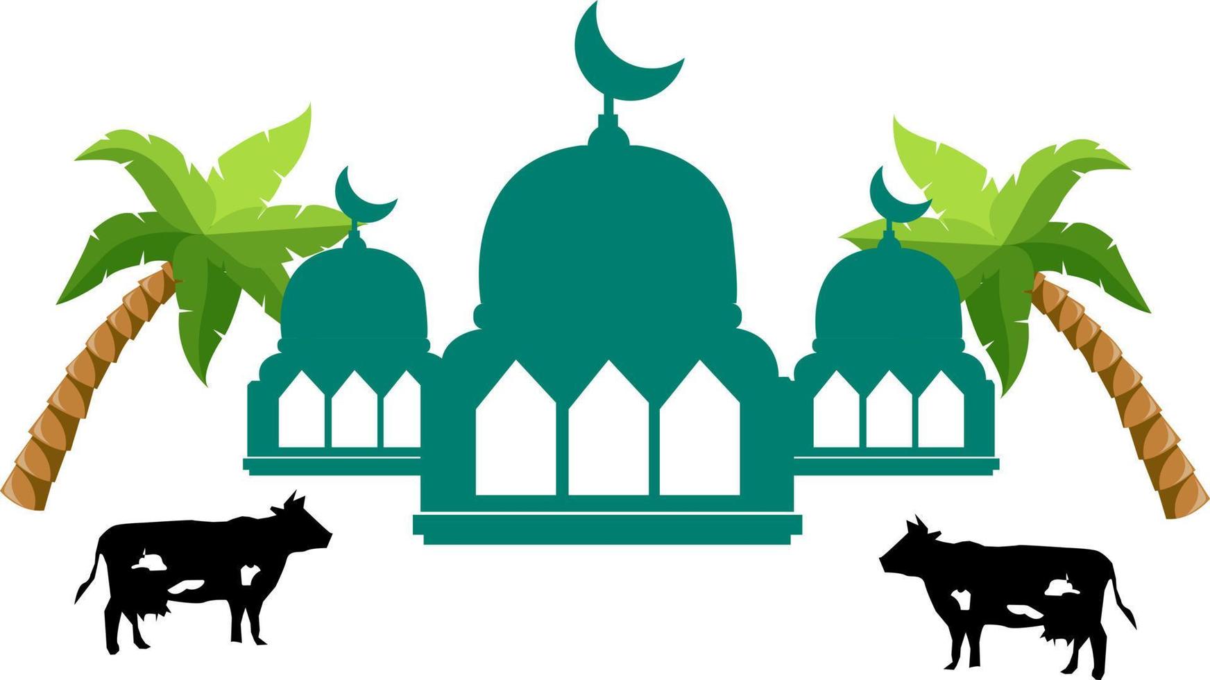 Background eid al adha fasting mosque and cows vector