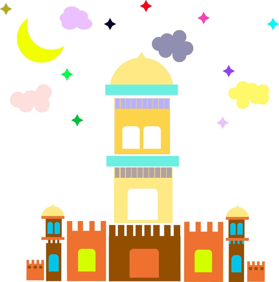 The beauty of Eid al-Adha with mosques, clouds and stars. Muslim people celebrating and hugging and white clouds. vector