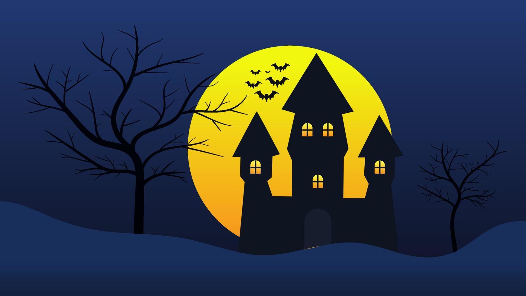 haunted house cartoon on hills with full moon in night sky vector