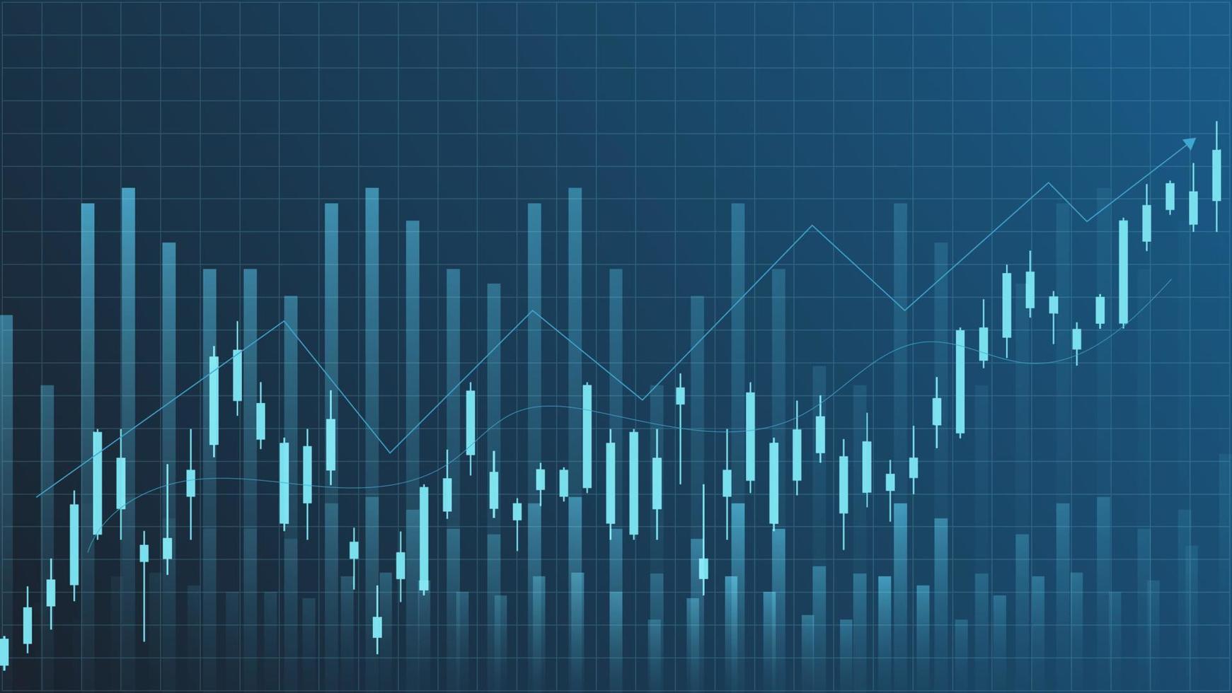 Financial business statistics with bar graph and candlestick chart show stock market price and effective earning on blue background vector