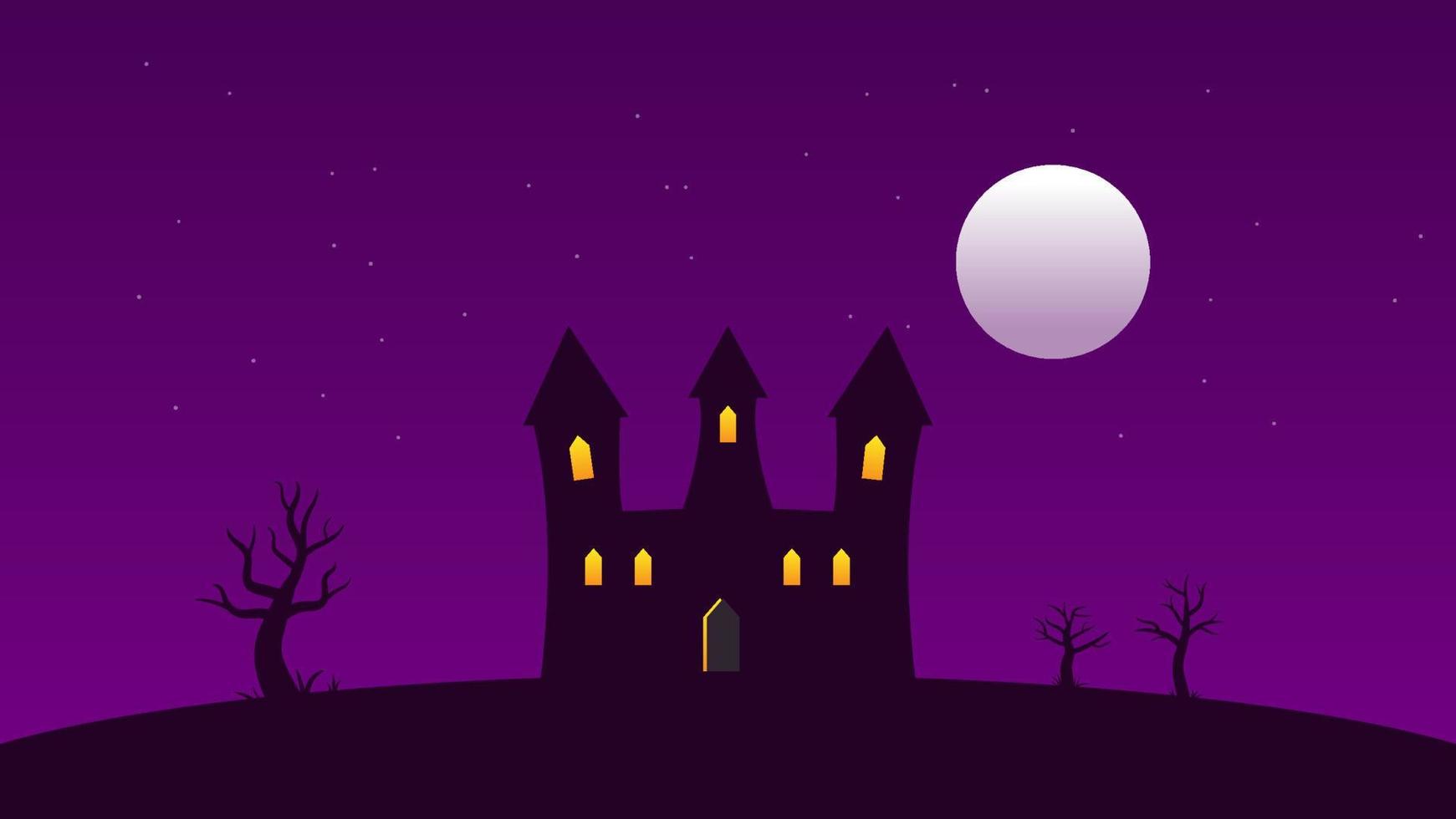castle with lighting window on hills with trees and full moon and sparkling white star on dark sky. landscape cartoon scene with copy space vector