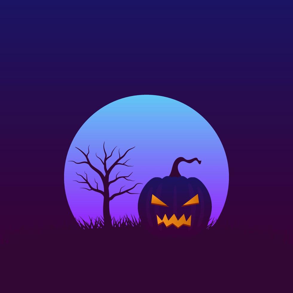 fondo de noche de halloween con espacio de copia. calabaza aterradora y árbol desnudo en la oscuridad con luna llena vector