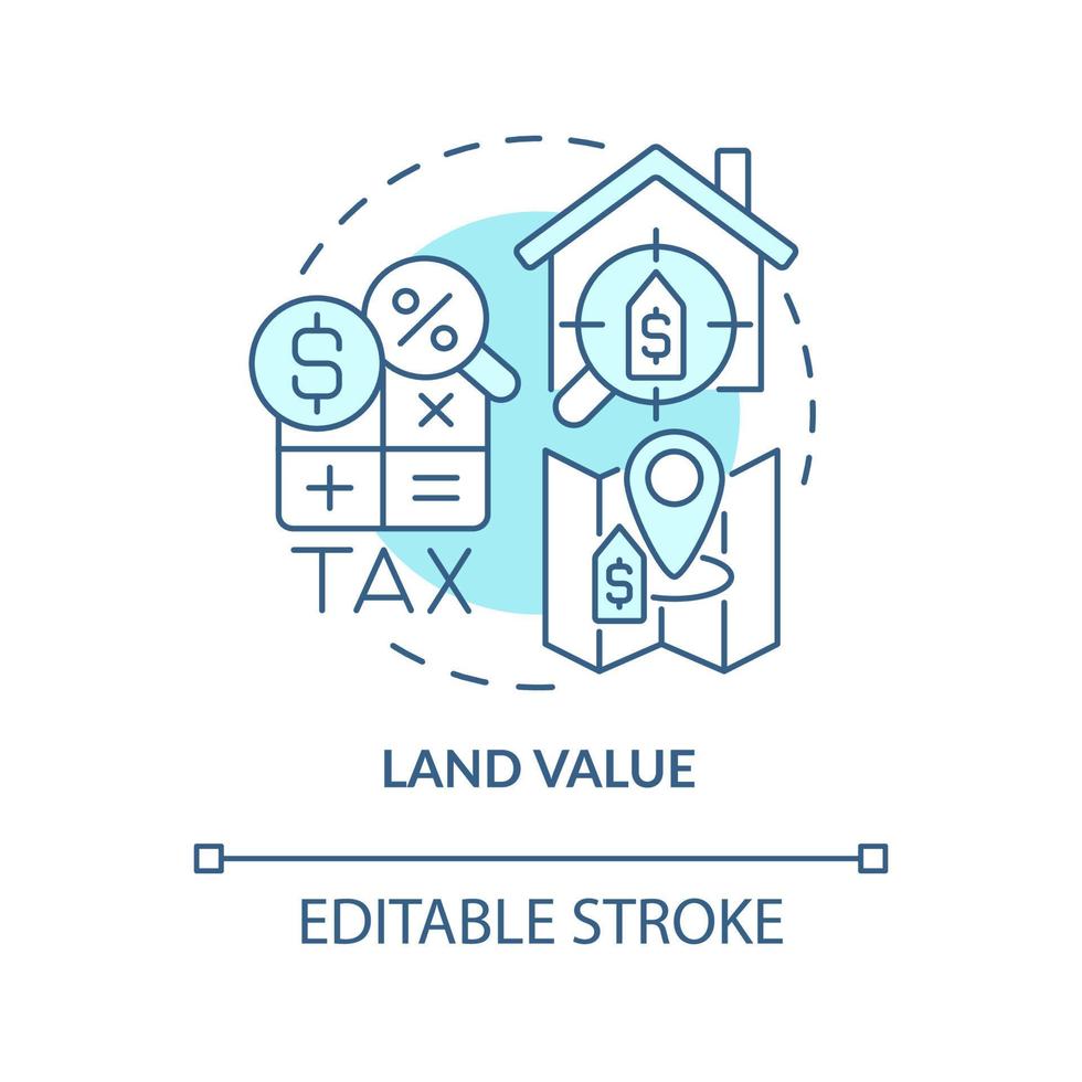 Land value turquoise concept icon. Land management practice abstract idea thin line illustration. Real estate taxation. Isolated outline drawing. Editable stroke vector