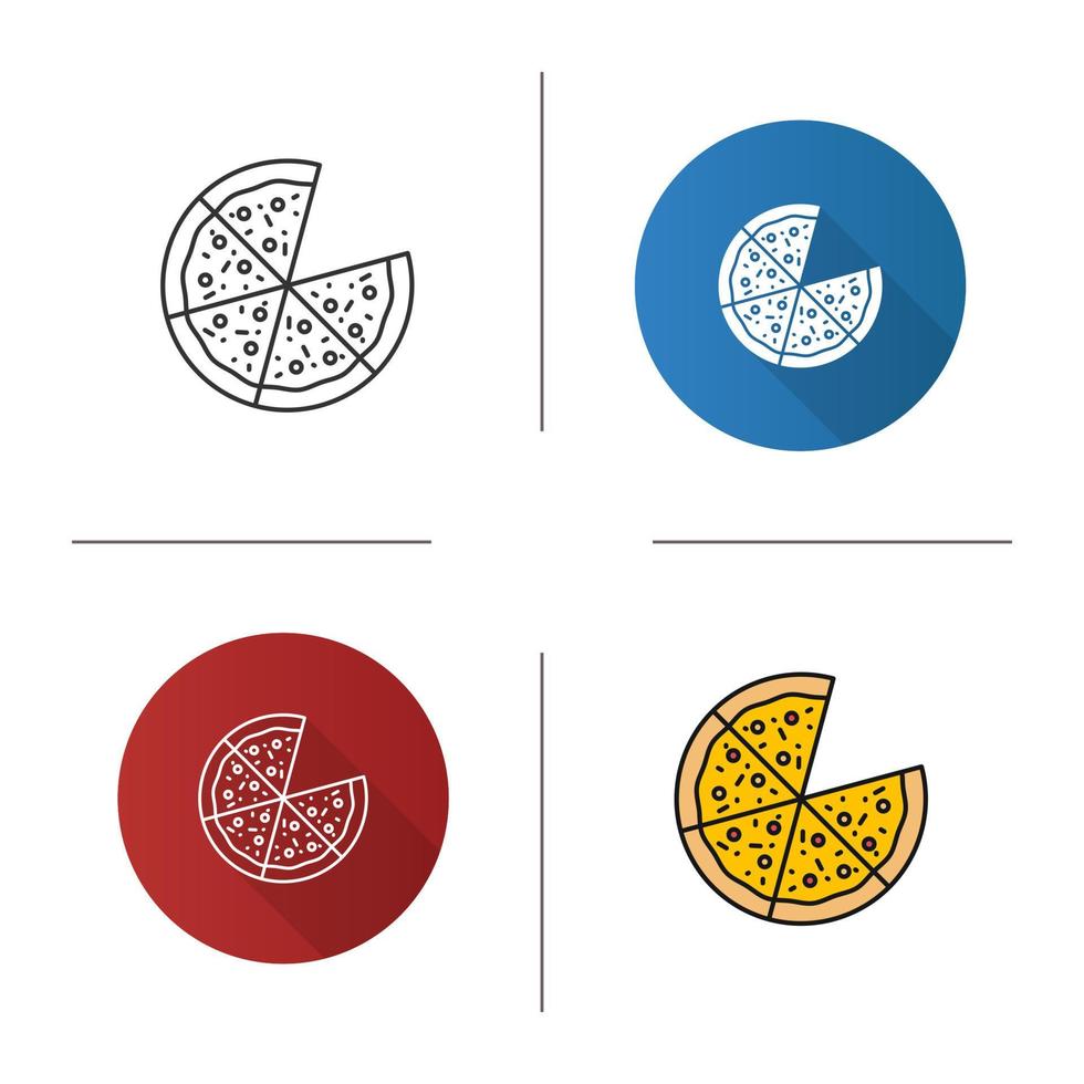 Pizza icon. Flat design, linear and color styles. Pizzeria sign. Isolated vector illustrations