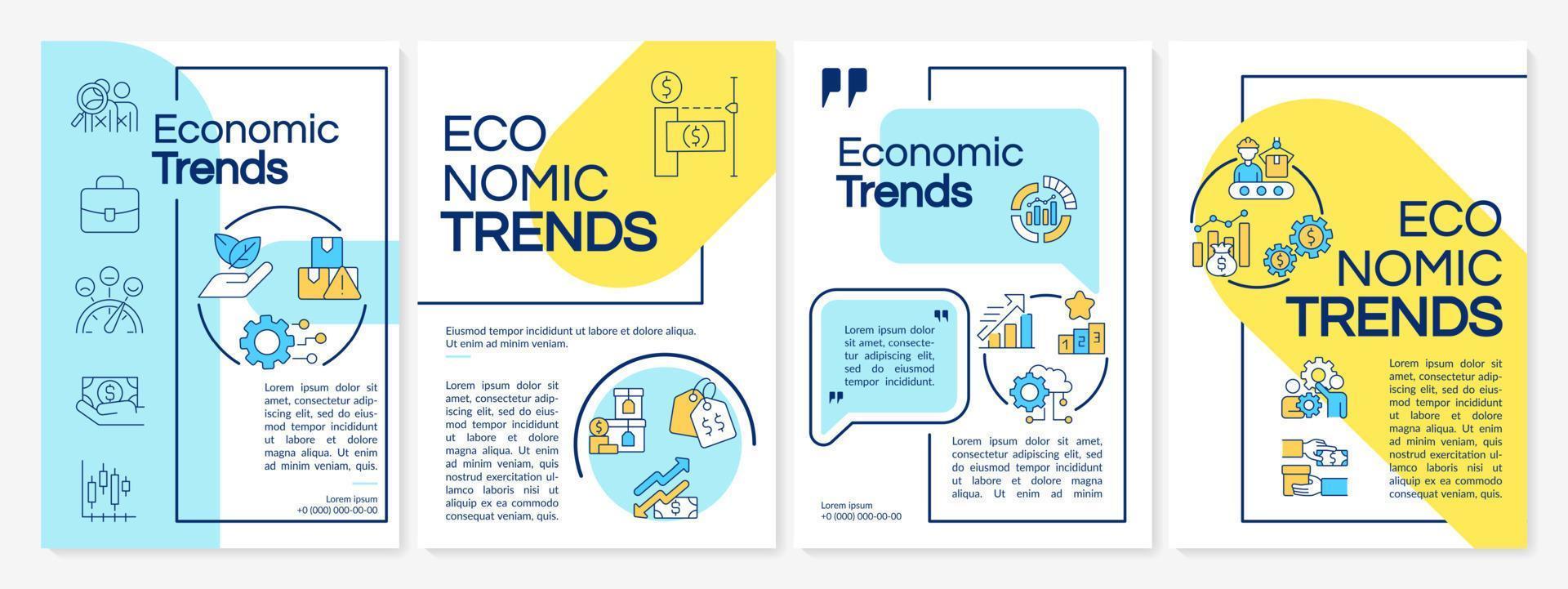 Economic trends blue and yellow brochure template. Business processes. Leaflet design with linear icons. 4 vector layouts for presentation, annual reports