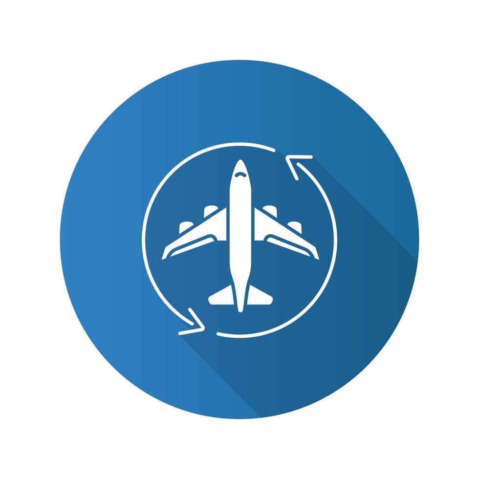 Flight transit flat design long shadow glyph icon. Circle arrow with airplane inside. Plane transfer. Flights management. Vector silhouette illustration