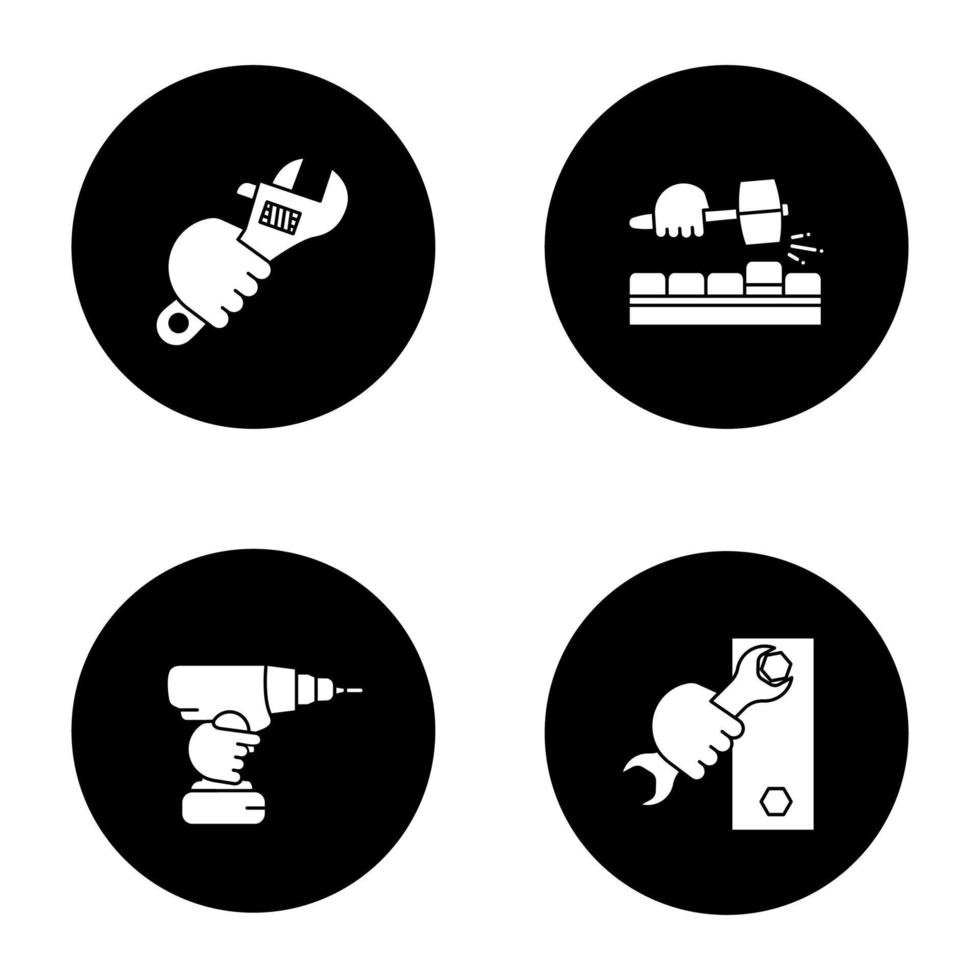 Hands holding construction tools glyph icons set. Lump hammer, plumbing wrench, spanner, cordless drill. Vector white silhouettes illustrations in black circles