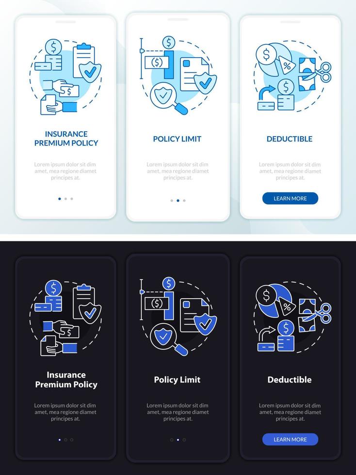 Insurance components night and day mode onboarding mobile app screen. Walkthrough 3 steps graphic instructions pages with linear concepts. UI, UX, GUI template vector