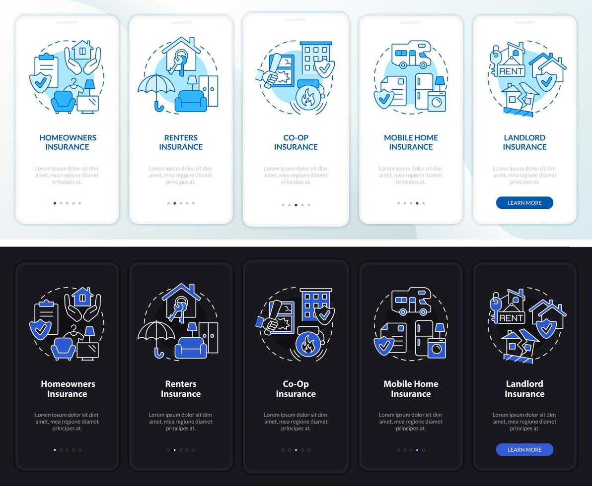 Property insurance night and day mode onboarding mobile app screen. Walkthrough 5 steps graphic instructions pages with linear concepts. UI, UX, GUI template vector