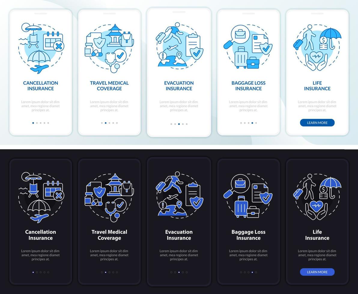 tipos de seguros de viaje pantalla de aplicación móvil de incorporación de modo día y noche. tutorial 5 pasos páginas de instrucciones gráficas con conceptos lineales. interfaz de usuario, ux, plantilla de interfaz gráfica de usuario vector