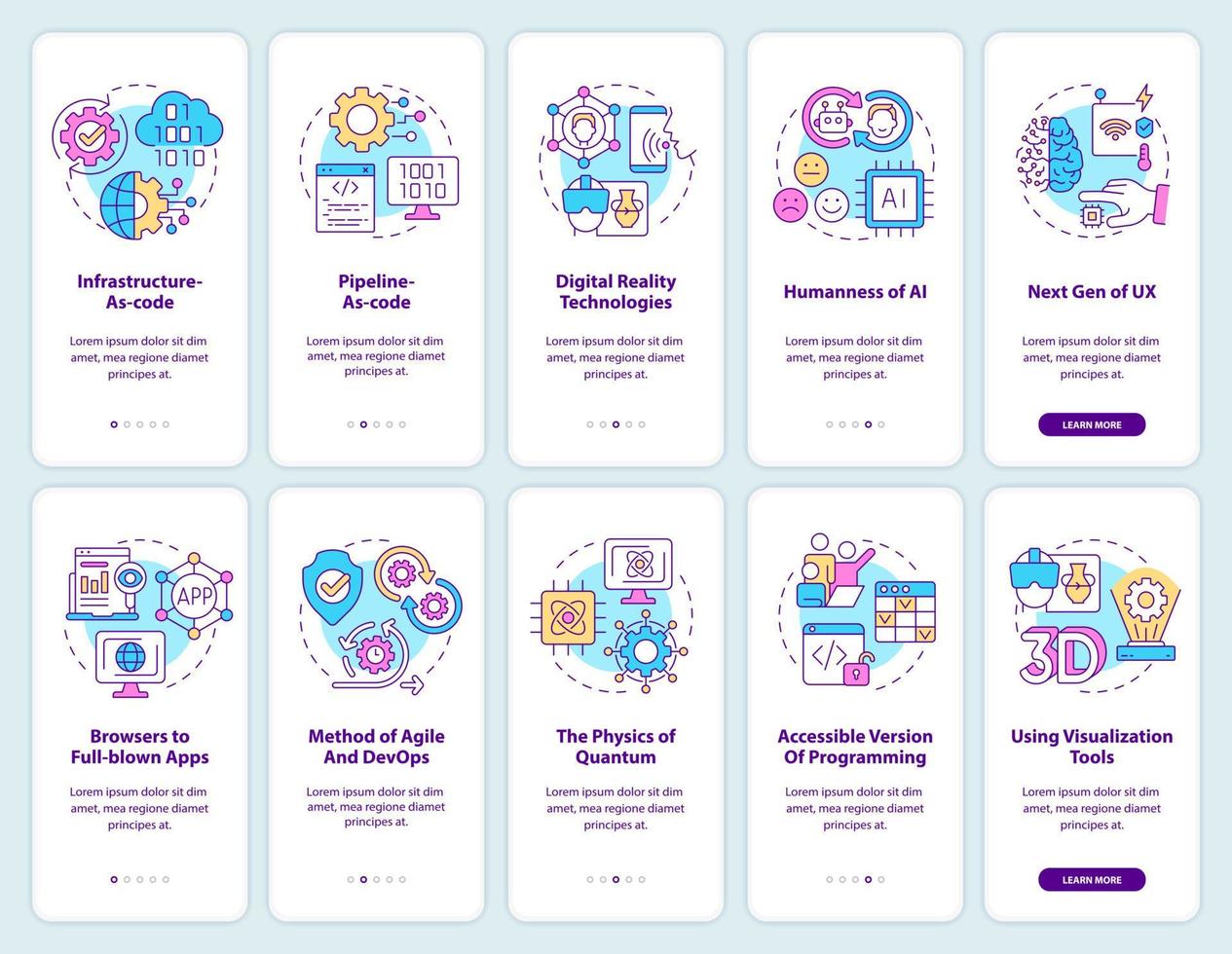 conjunto de pantallas de aplicaciones móviles de incorporación de tendencias macro. guía de tendencias 5 pasos páginas de instrucciones gráficas con conceptos lineales. interfaz de usuario, ux, plantilla de interfaz gráfica de usuario vector