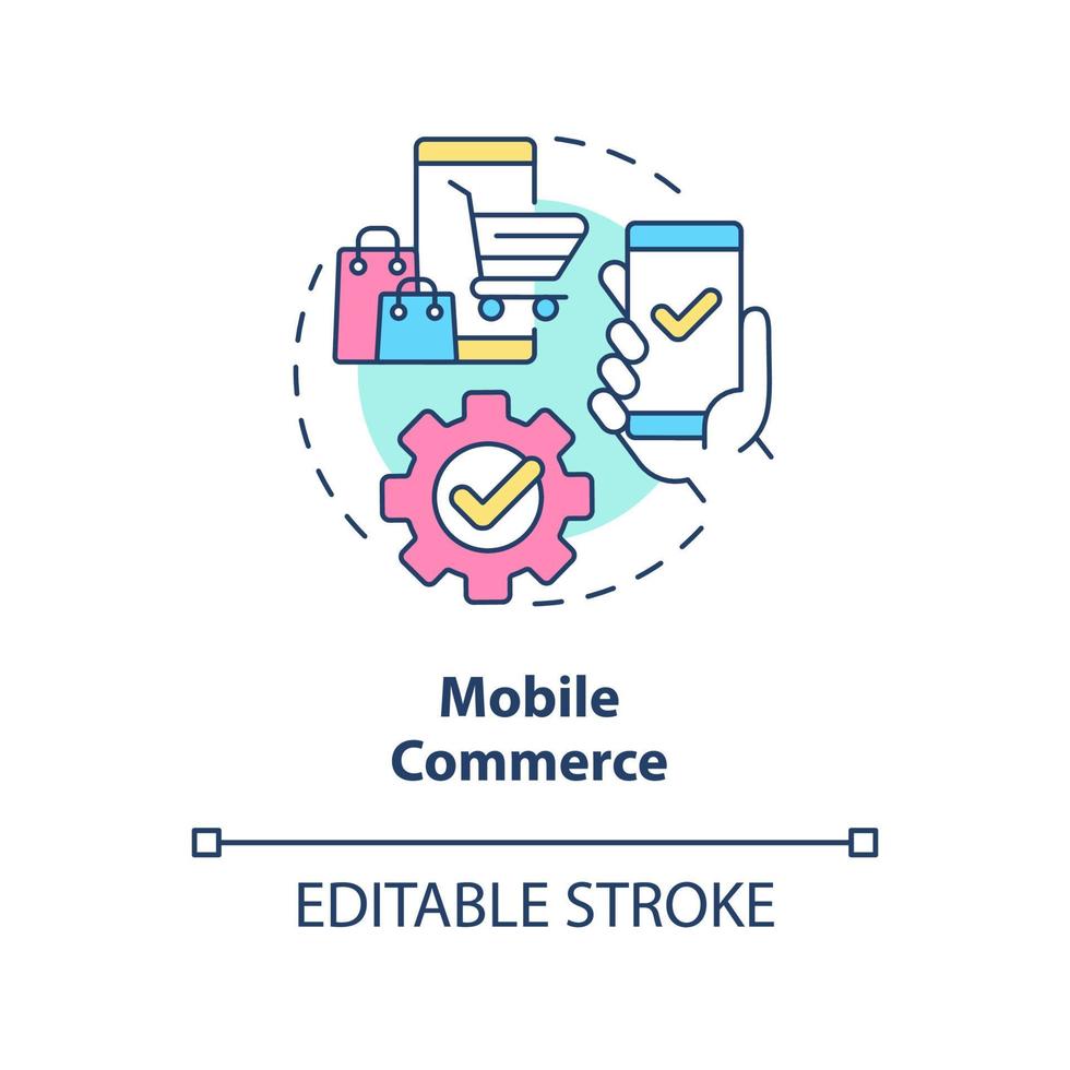 Mobile commerce concept icon. Selling products online. Retail strategy trends abstract idea thin line illustration. Isolated outline drawing. Editable stroke vector