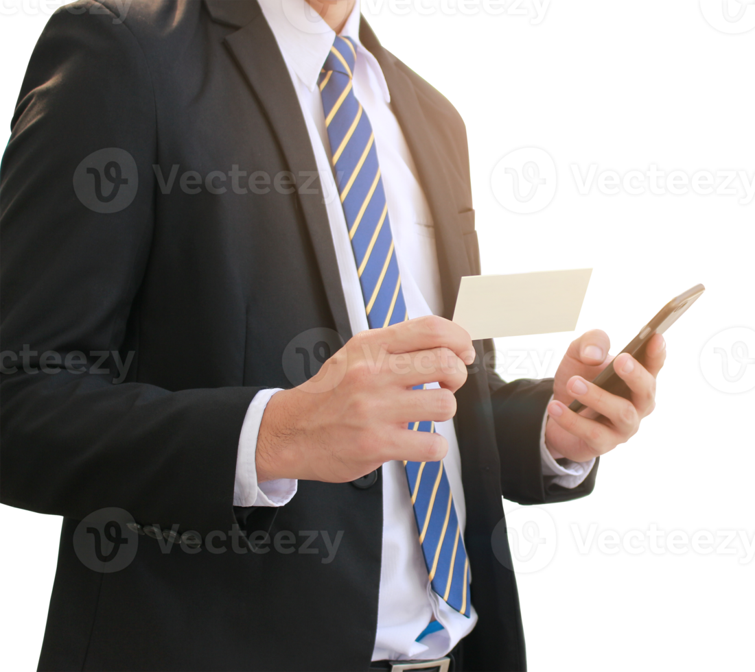 Businessman holding blank business card while using mobile phone on transparent background png