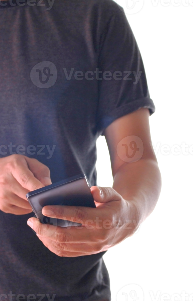 a man using hand holding the smartphone on transparent background png file