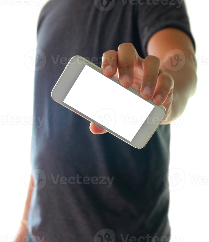 a man using hand holding the smartphone on transparent background png file