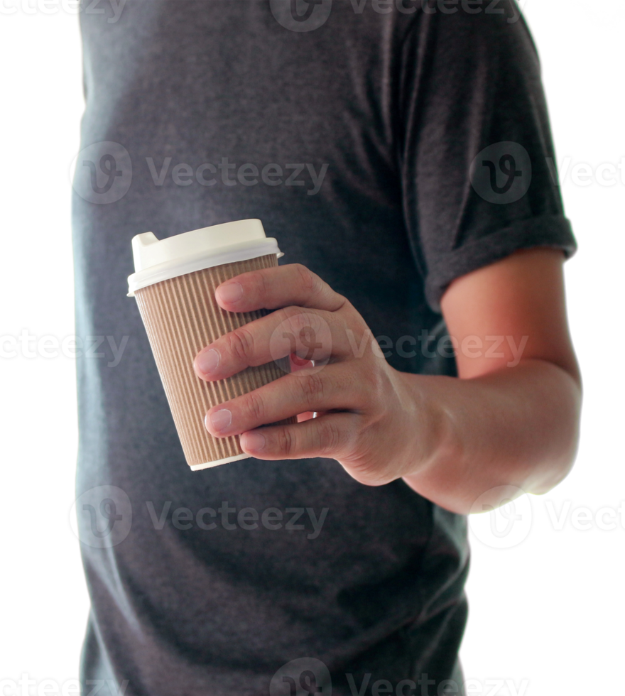 A man holding a paper cup of coffee on transparent background png file