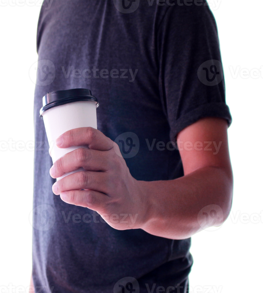 un uomo tiene in mano una tazza di caffè di carta su un file png di sfondo trasparente