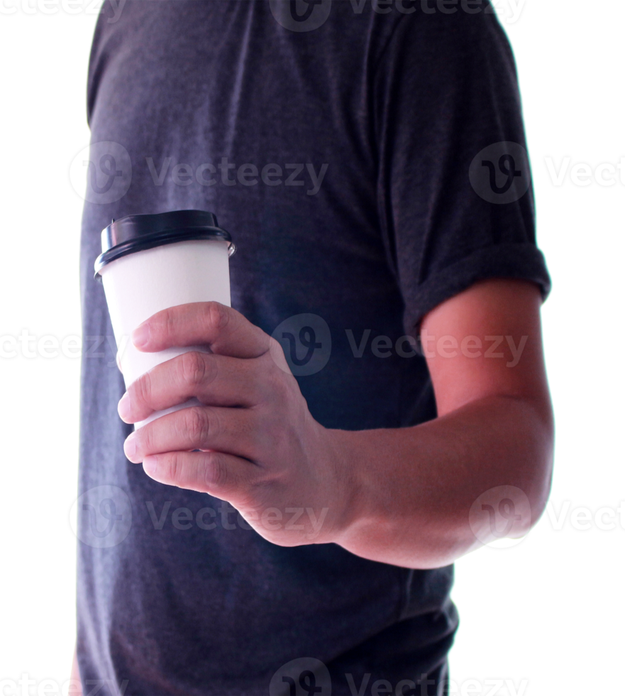 A man is holding a paper cup of coffee on transparent background png file
