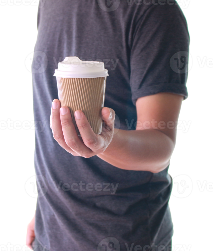 A man holding a paper cup of coffee on transparent background png file