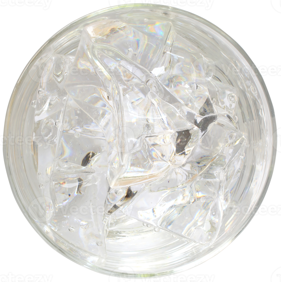 Water with ice cubes in a glass, top view png