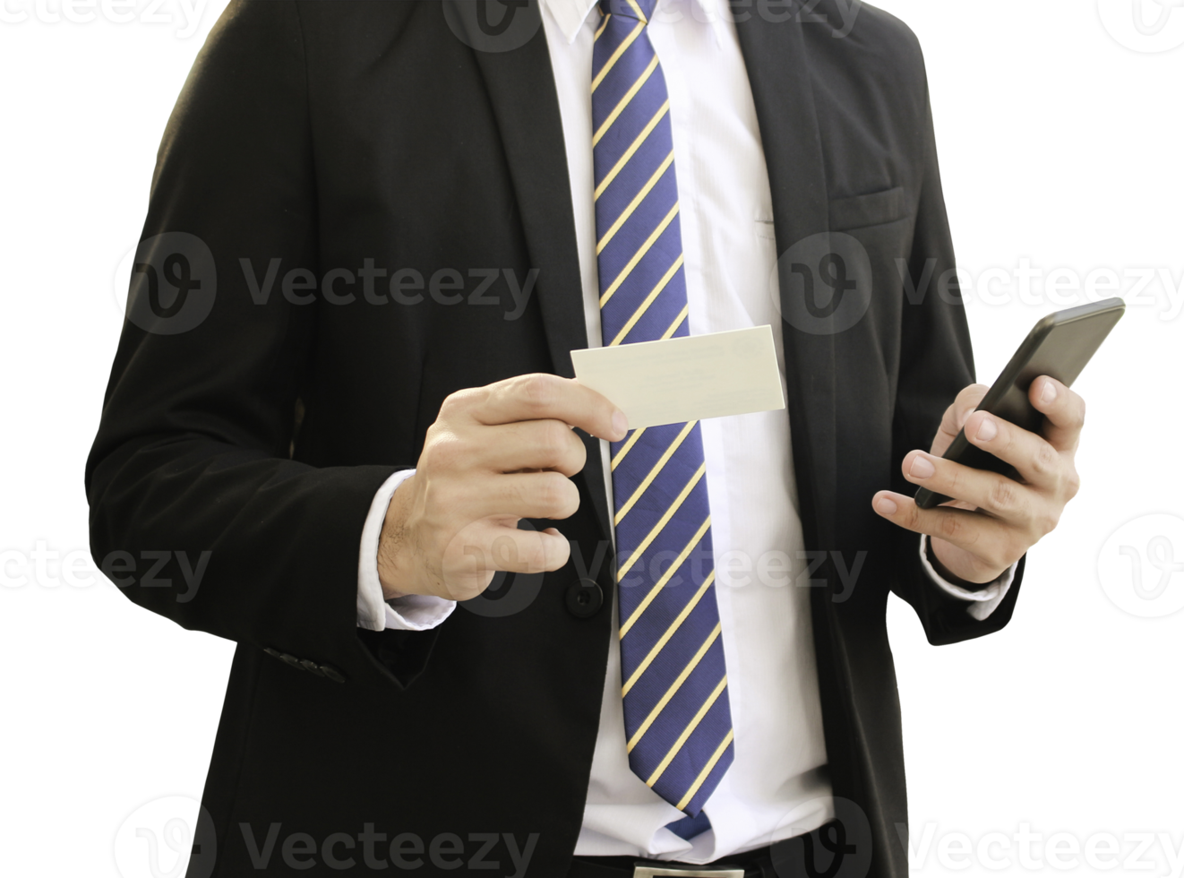 Businessman holding blank business card while using mobile phone on transparent background png