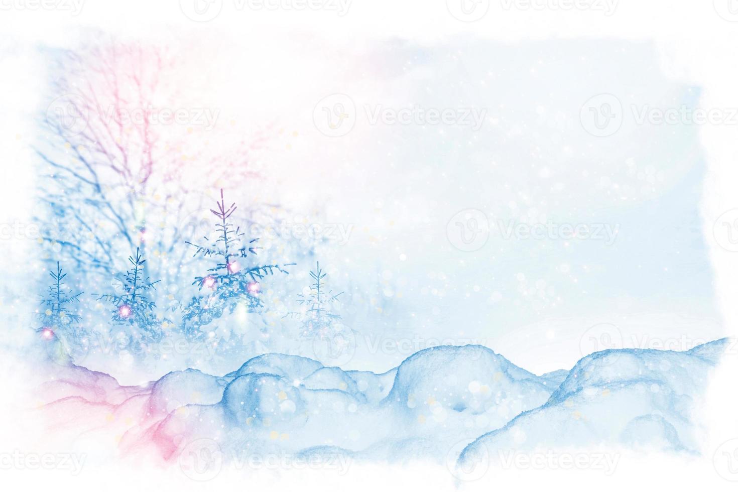 Frozen winter forest with snow covered trees. photo