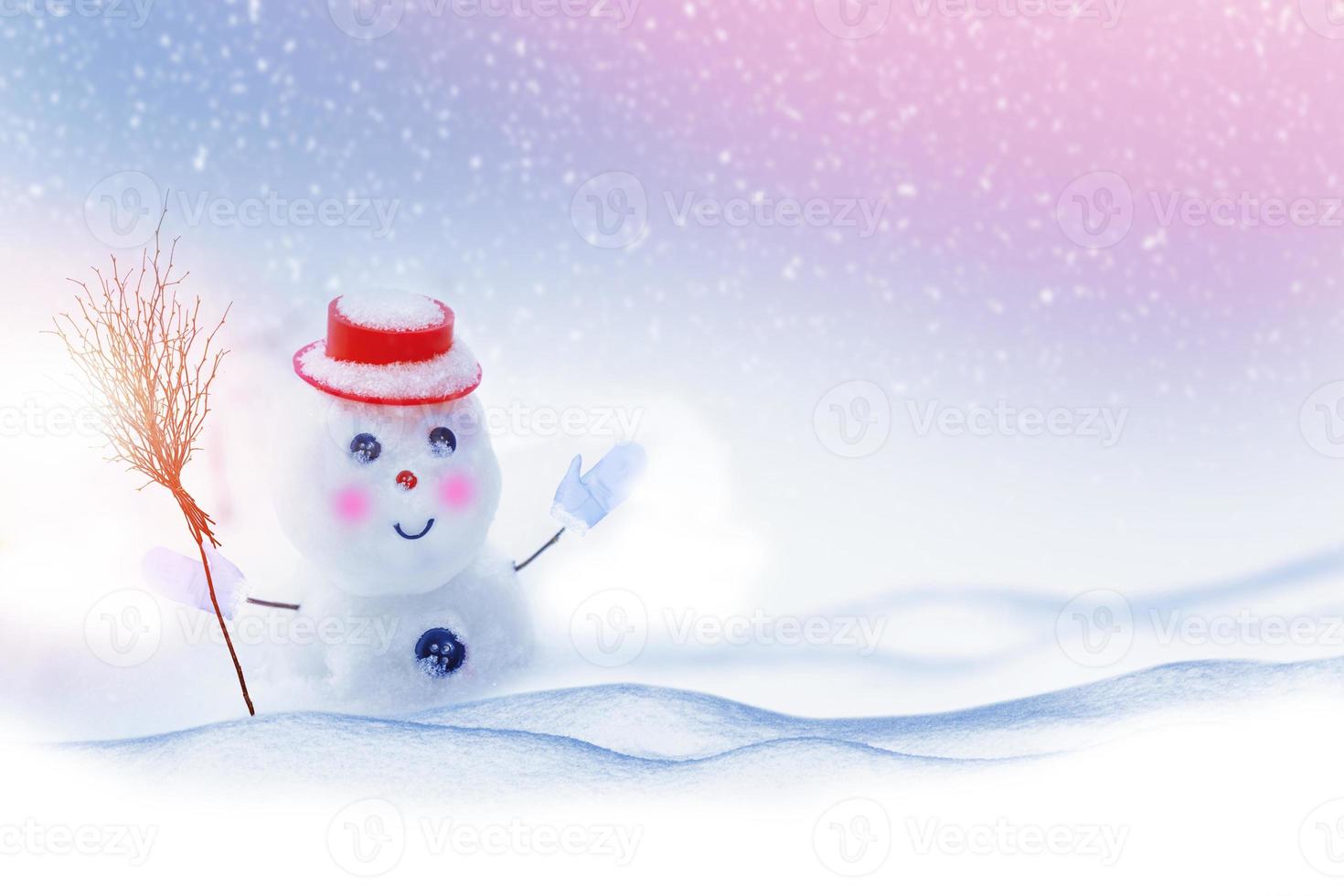 happy snowman. Winter landscape. Merry christmas and happy new year greeting card photo