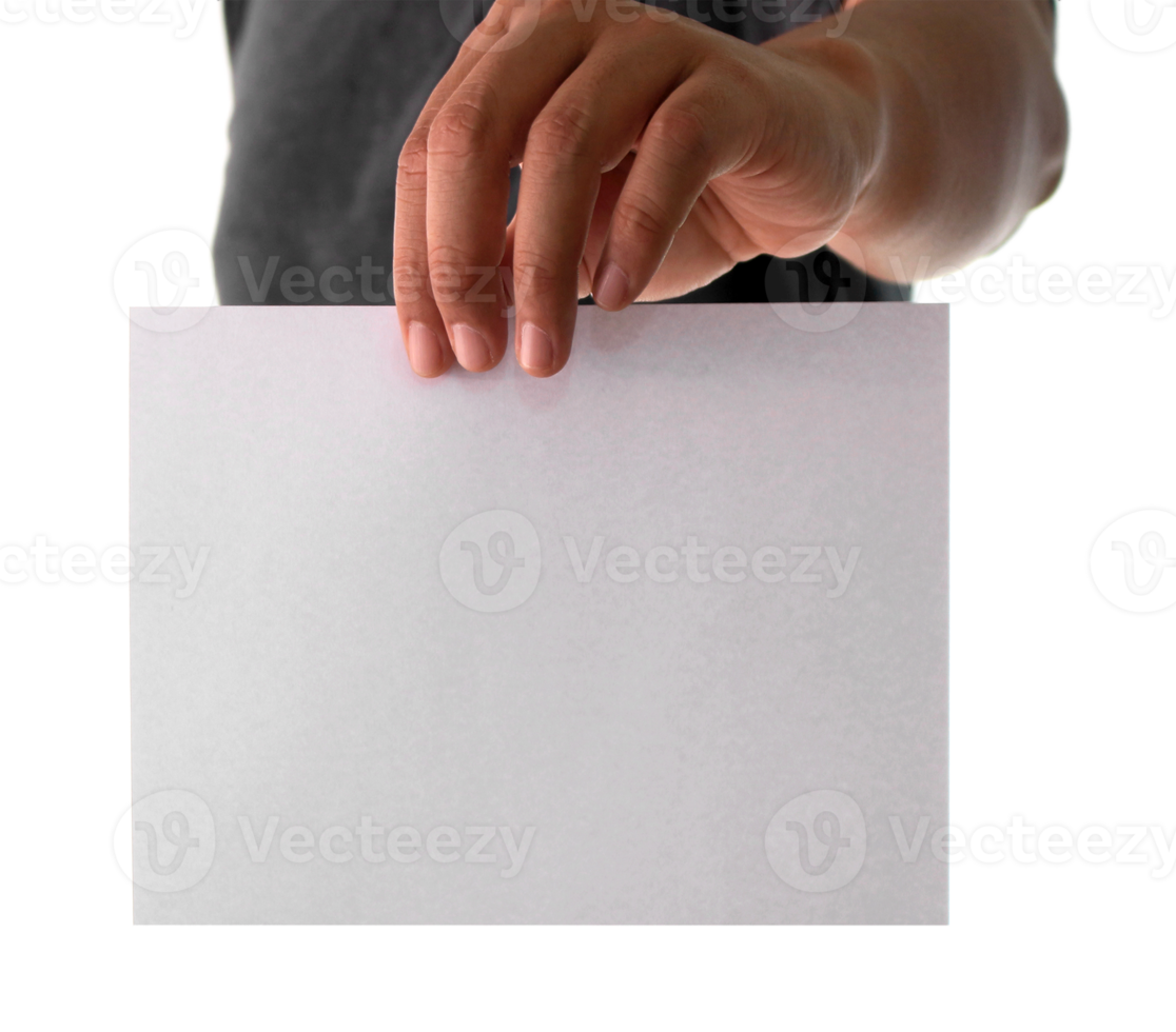 Hand holding white empty paper on transparent background png file