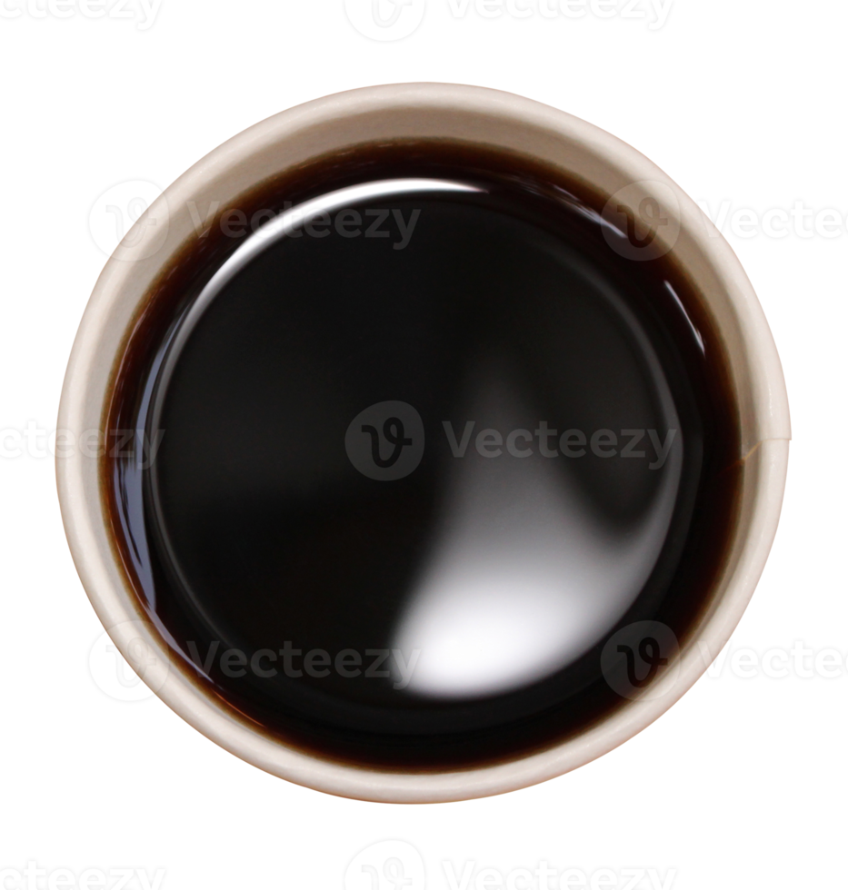 Top view of a paper cup of black coffee on transparent background png file