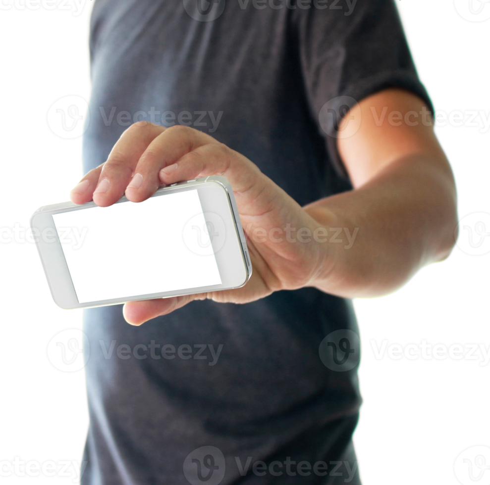 a man using hand holding the smartphone on transparent background png file