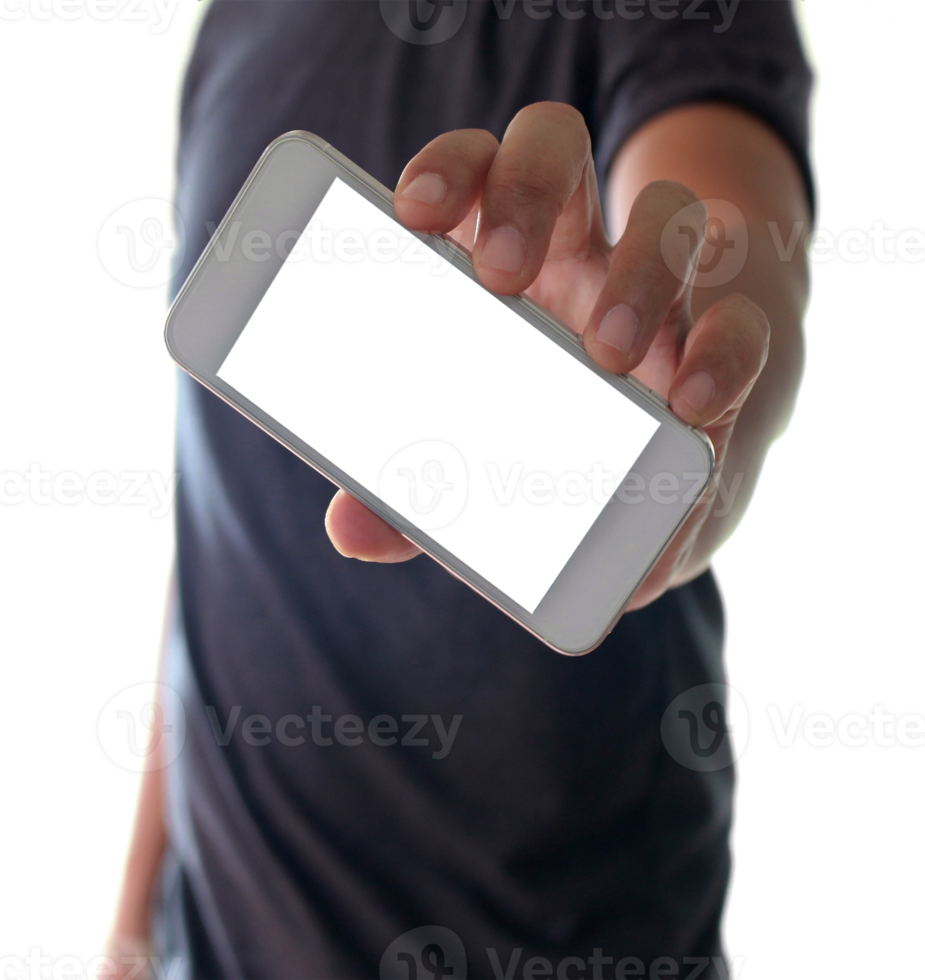 a man using hand holding the smartphone on transparent background png file