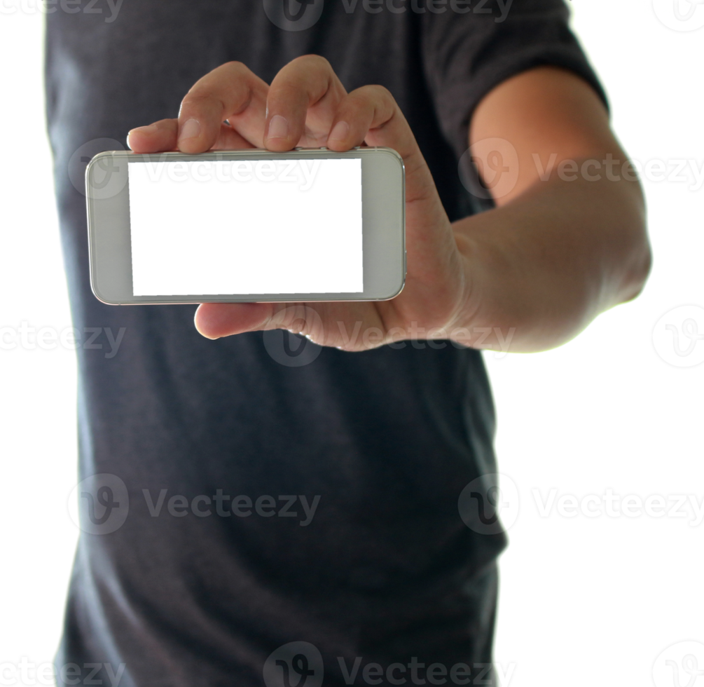 a man using hand holding the smartphone on transparent background png file