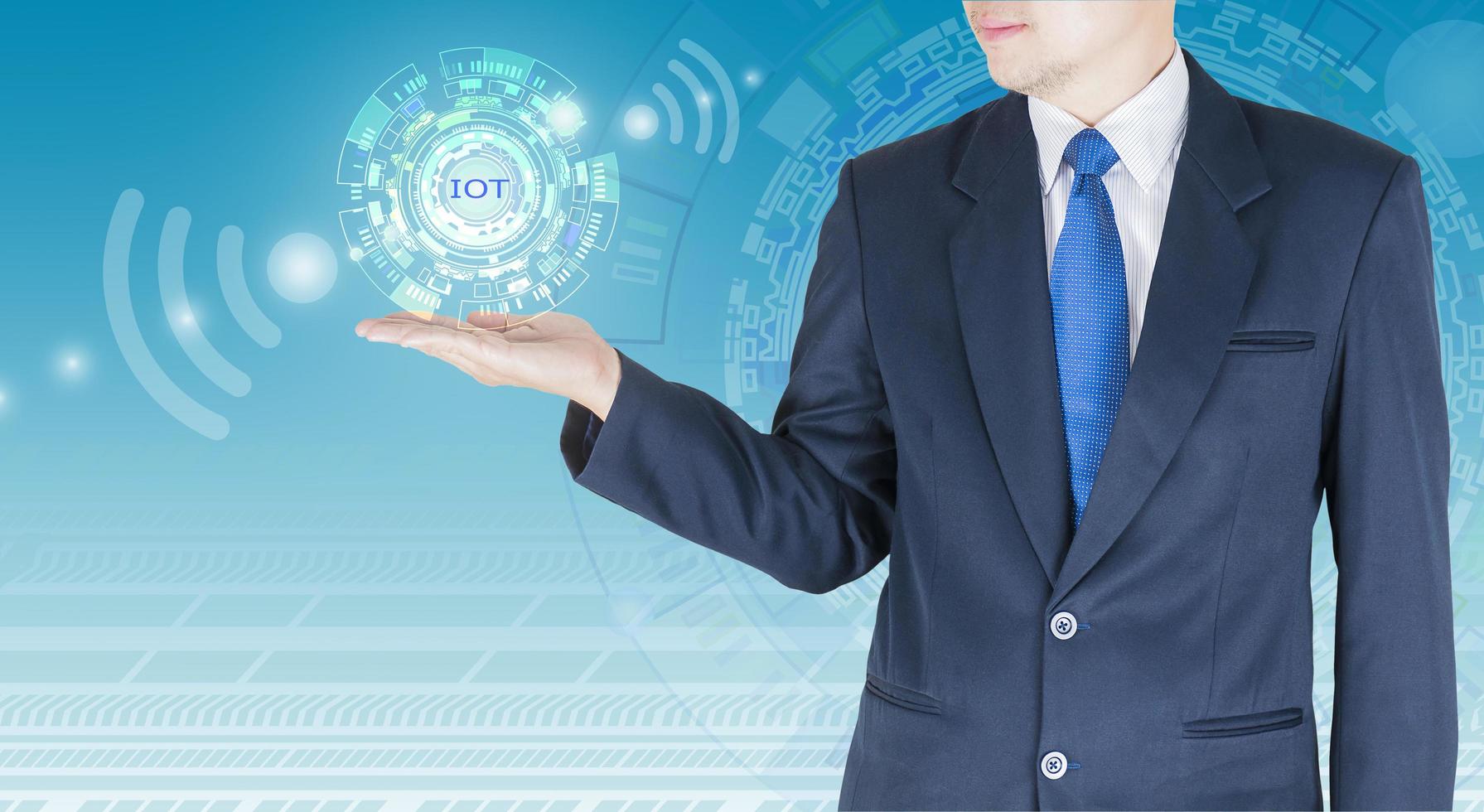 Businessman is open his palm upwards to present internet of things icons IOT concept photo