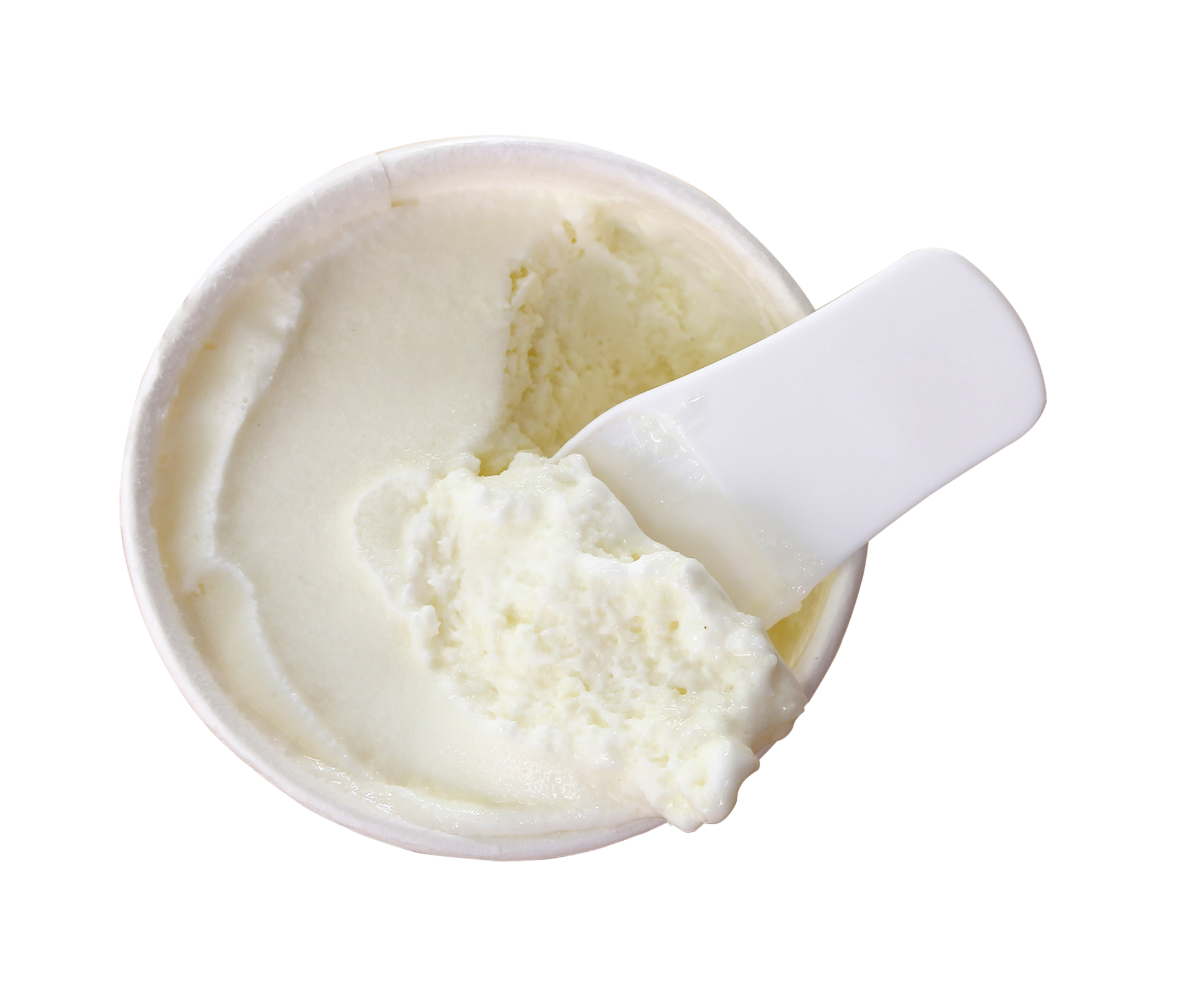 Ice cream with plastic spoon in paper cup on transparent background png