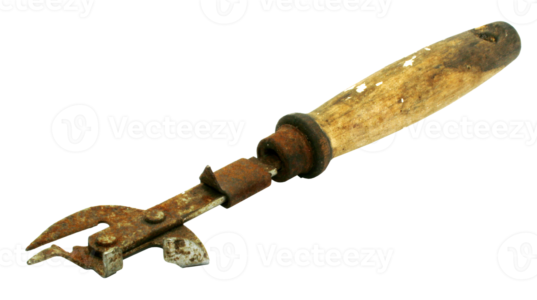 Old rusty can opener with wood handle isolated on transparent