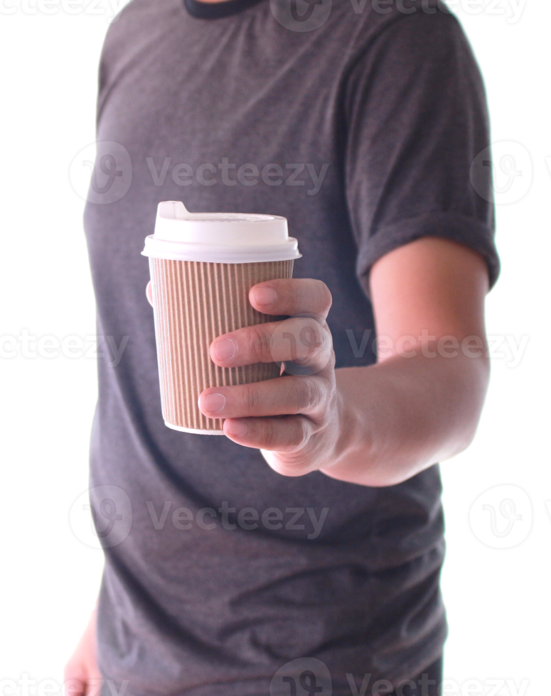 A man holding a paper cup of coffee on transparent background png file