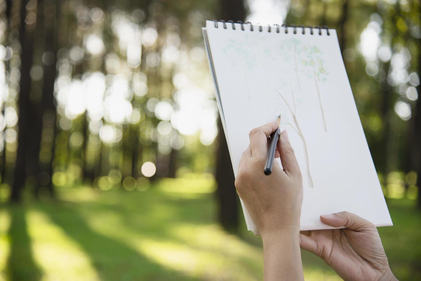 Relax woman painting water colour art work in green garden forest nature - people with creative art in nature stress reduction and meditation concept photo