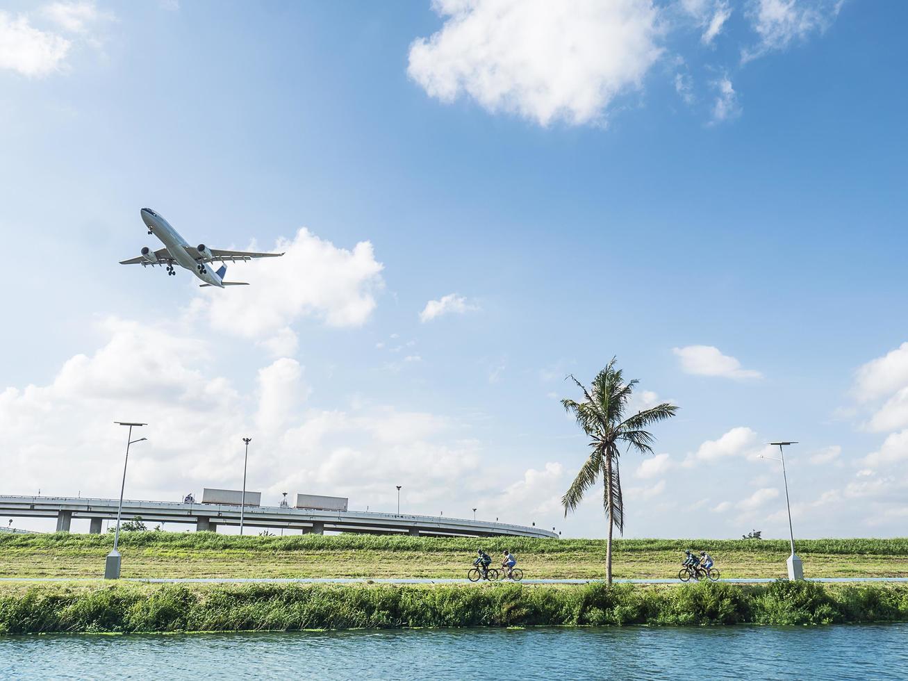 Mix transportation vehicle include airplane truck and bicycle with nature background photo