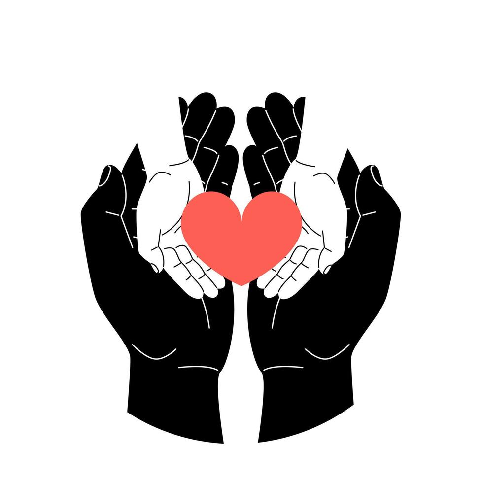 The hands of an adult and a child hold a heart. The concept of hope, love and mercy, volunteering. Vector stock illustration.