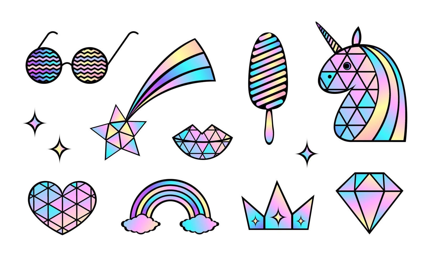 Magical girly set of abstract holographic unicorn icons isolated on white background. Vector stock illustration.